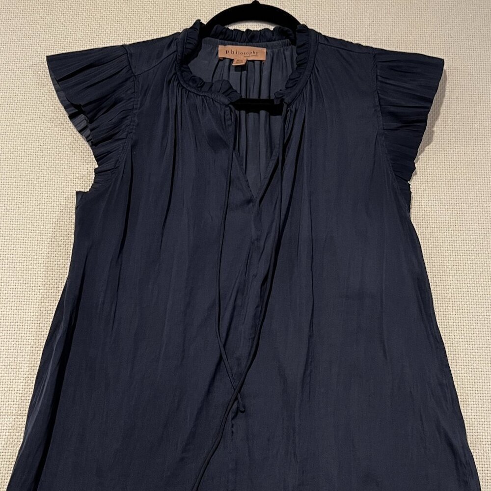Philosophy Republic Clothing Navy Blue Pleated Flutter Sleeve Ruffle Blouse M